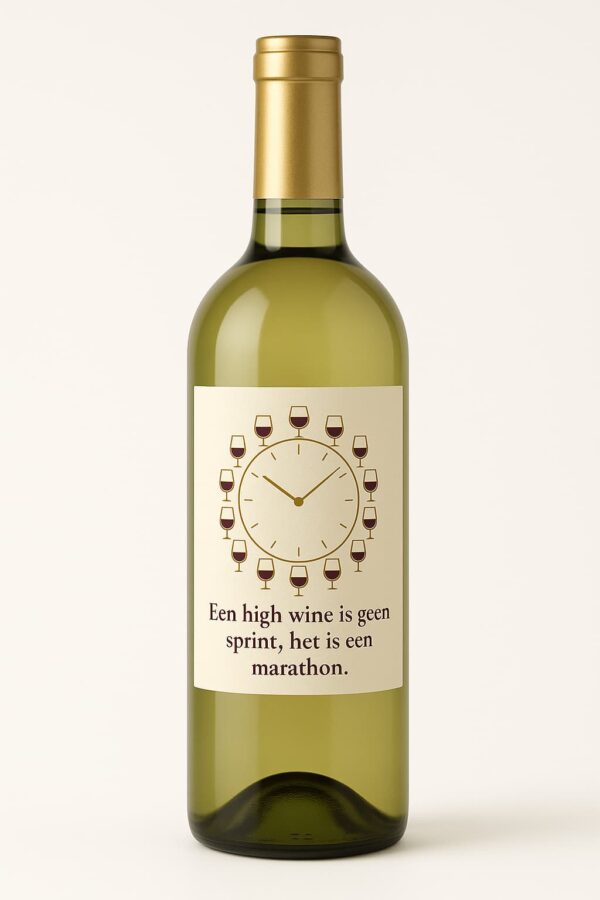 Wit wijnfles-etiket met illustratie van een klok van wijnglazen en de tekst "Een high wine is geen sprint, het is een marathon."