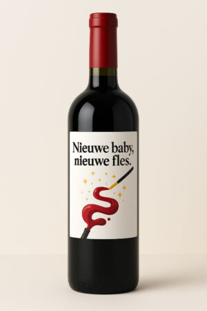 Wijnetiket op een fles rode wijn met de tekst "Nieuwe baby, nieuwe fles." en een speelse illustratie van een toverstaf, rode wijnsliert en fonkelende sterren op lichte achtergrond.