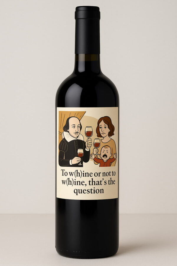 Wijnfles met een grappig etiket waarop Shakespeare, een ouder en een huilende baby staan afgebeeld, vergezeld door de tekst: "To w(h)ine or not to w(h)ine, that’s the question."