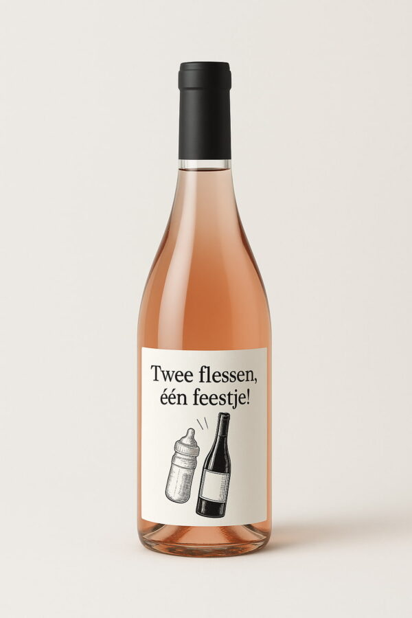 Een rosé wijnfles met een grappig etiket waarop een babyfles en wijnfles staan afgebeeld, vergezeld door de tekst "Twee flessen, één feestje!". Perfect als humoristisch kraamcadeau.