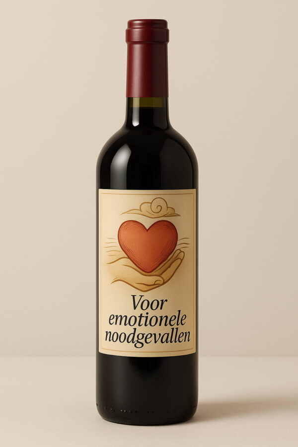 Een wijnetiket met een illustratie van een hand die een hart vasthoudt, met de tekst “Voor emotionele noodgevallen” – perfect als humoristisch cadeau voor bijzondere of stressvolle momenten.