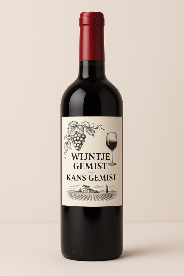 Etiket met de tekst “Wijntje gemist – Kans gemist”, voorzien van een druiventros, wijnglas en wijngaardillustratie. Ontworpen in klassieke stijl op crèmekleurige achtergrond, geschikt voor wijnflessen.